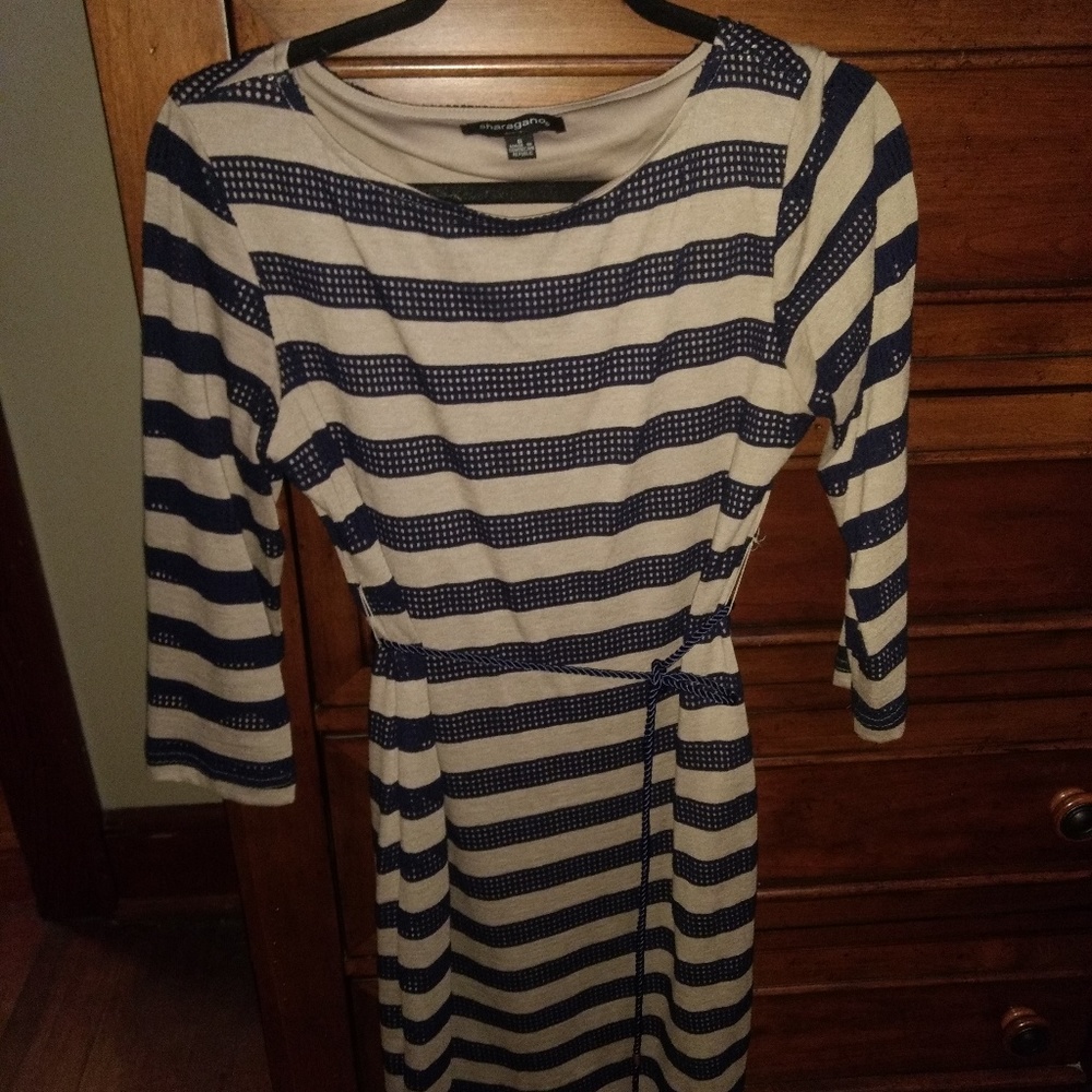 Sharango Navy and tan belted striped dress
